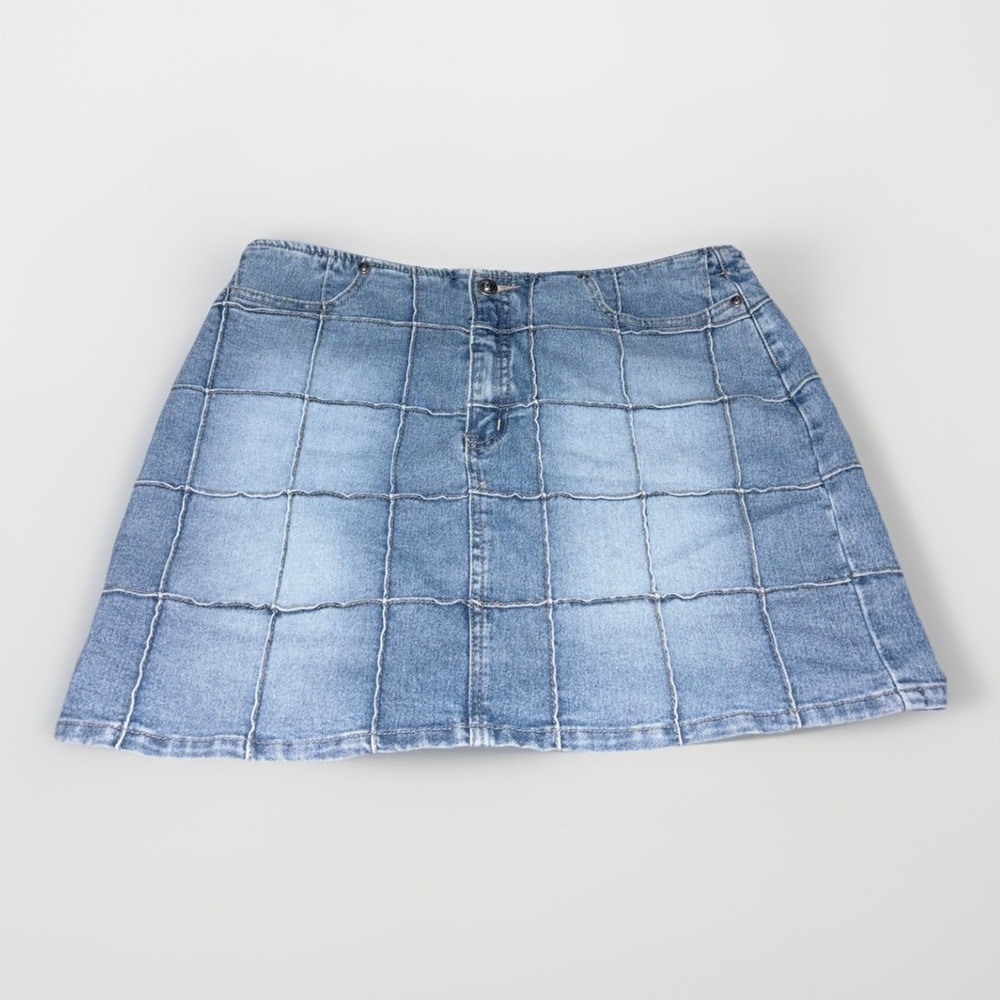 Vintage Y2K Patchwork‎ Denim Mini Skirt Faded Younique Jeans Size 11 Early 2000s